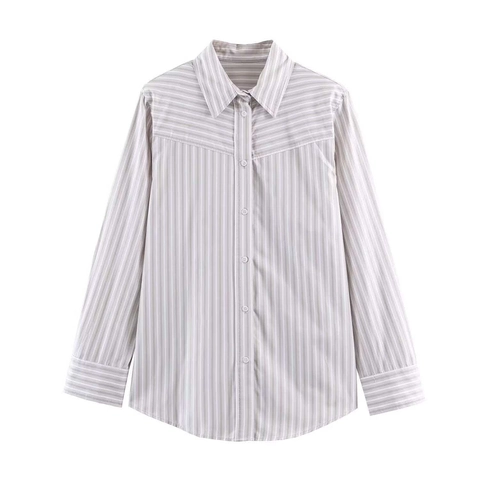 Chemisier Minimaliste à Manches Longues Pour Femmes Chemise Boutonnée à Rayures Popeline Col Revers Pour Bureau Quotidien