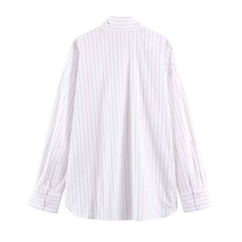 Camisa Casual de Rayas Blancas para Mujer Cuello Bufanda Manga Larga Ajuste Holgado Blusa de Poliéster para Oficina Uso Diario