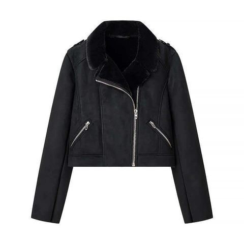 Damen Winter Wildlederimitat Motorradjacke Mit Kunstpelzkragen Dick Polyester Warm Oberbekleidung Mittellang Reißverschluss Mäntel