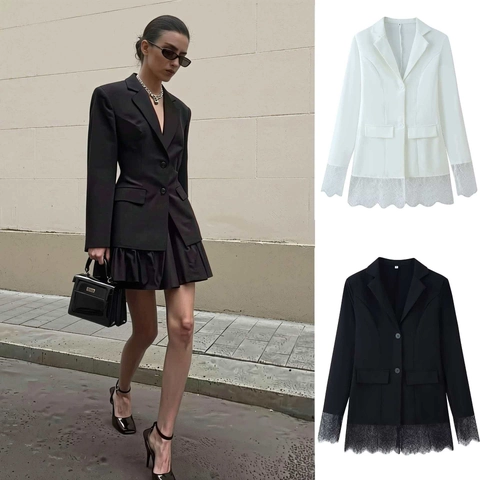 Chaqueta de Traje Casual para Mujer con Patchwork de Encaje Manga Larga Un Solo Pecho Color Sólido Elegante Oficina