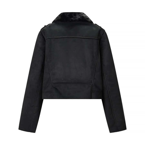 Damen Winter Wildlederimitat Motorradjacke Mit Kunstpelzkragen Dick Polyester Warm Oberbekleidung Mittellang Reißverschluss Mäntel