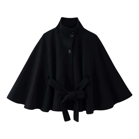 Cappotto Elegante da Donna in Lana Stile Mantella Con Collo Alto e Cintura in Vita Linea ad A Moda Manica a Pipistrello