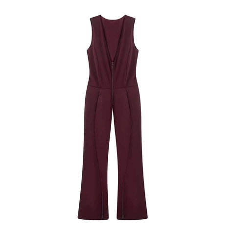 Tuta Intera Donna Senza Maniche con Cerniera Frontale Vita Alta Slim Fit Gamba a Zampa Romper Chic Streetwear Tinta Unita