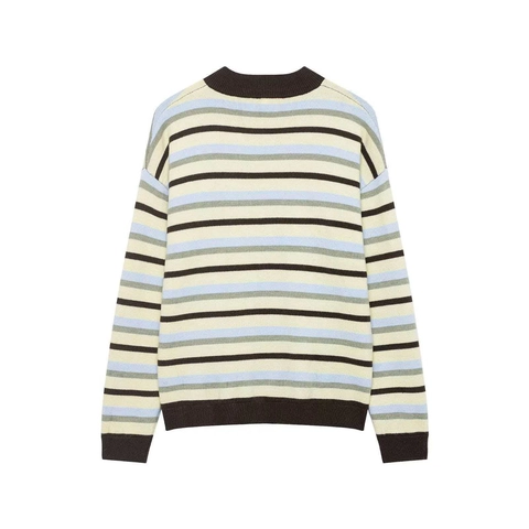 Women Vintage Striped Knitted Cardigan Sweater Round Neck Single Breasted Loose Long Sleeve Knitwear Multicolor Top
