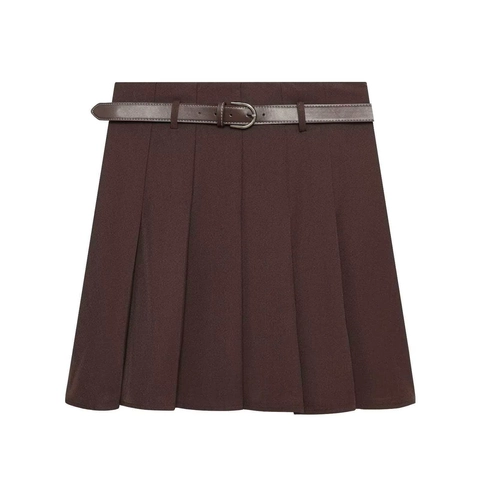 Vintage High Waist Pleated Mini Skirt For Women With Belt Coffee Solid Color Polyester School Style Short Skirt