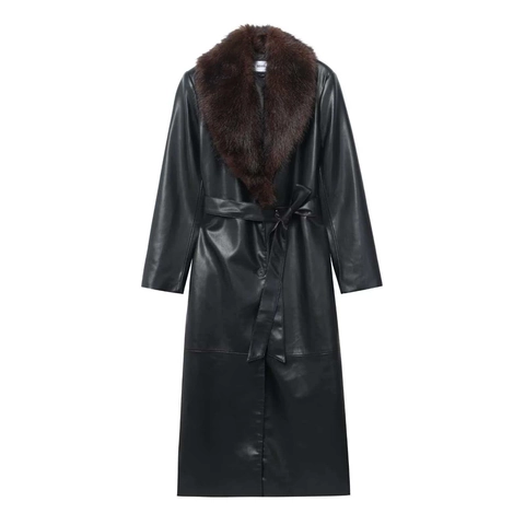 Women's Long Faux Leather Trench Coat With Detachable Faux Fur Collar Tied Waist Office Autumn Winter Warm Overcoat Jacket