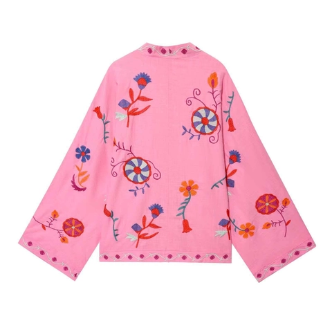 Chaqueta Caftán Bordada Boho para Mujer Rosa Manga Larga Frente Abierto Lazada Ropa de Abrigo Étnica Bordado Floral Cárdigan
