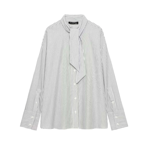 Women Striped Blouse Bow Tie Neck Long Sleeve Button Down Shirt Elegant Casual Office Work Commute Tops For Women