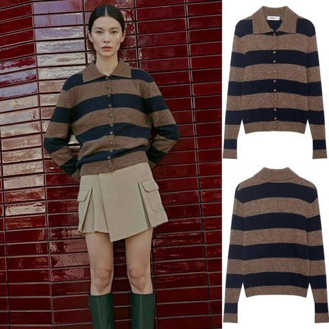 Women Vintage Striped Knit Cardigan Polo Collar Long Sleeve Button Down Sweater Top Brown Navy Blue Casual Knitwear