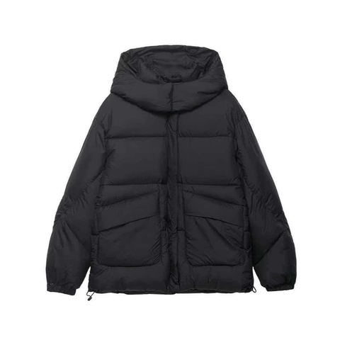 Women Casual Hooded Puffer Coat Loose Fit Quilted Winter Bread Jacket Warm Zipper Outerwear Minimalist Solid Black Parka