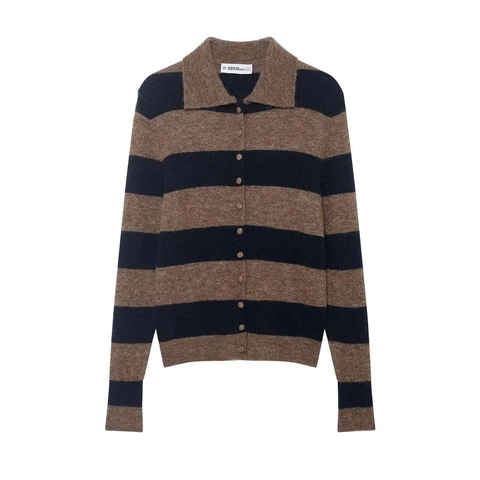 Women Vintage Striped Knit Cardigan Polo Collar Button Down Long Sleeve Sweater Loose Fit Brown Navy Striped Fashion Top