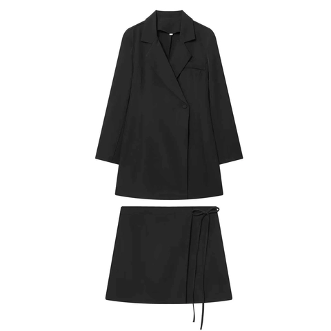 Conjunto de Blazer Y Minifalda Minimalista Para Mujer Color Sólido Chaqueta De Manga Larga Con Lazada Falda Cruzada Oficina