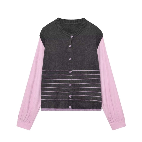 Cardigan in Maglia a Righe da Donna Girocollo Monopetto a Maniche Lunghe Casual Patchwork Maglione Maglieria Top