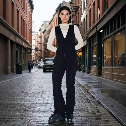 Tuta Intera Donna Senza Maniche con Cerniera Frontale Vita Alta Slim Fit Gamba a Zampa Romper Chic Streetwear Tinta Unita
