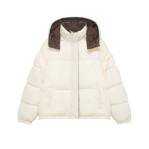 Women Loose Hooded Puffer Jacket Contrast Lining Long Sleeve Quilted Padded Coat Solid Warm Outwear Winter Fashion Jacket
