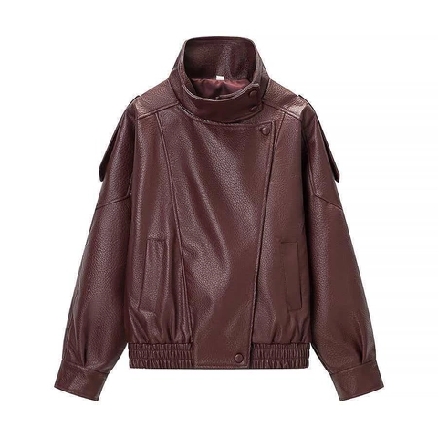 Women Vintage Faux Leather Bomber Jacket Loose Stand Collar Asymmetrical Zipper PU Leather Moto Jacket Long Sleeve Outerwear