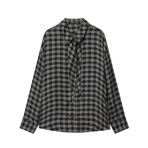 Damen Casual Kariert Schluppenbluse Stehkragen Langarm Bluse Locker Geschnitten Knopfleiste Hemd Für Frühling Herbst