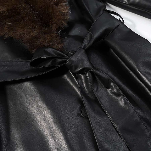 Elegante Abrigo Largo de Piel Sintética para Mujer Con Cuello de Pelo Sintético Cinturón Botones Color Negro Gabardina
