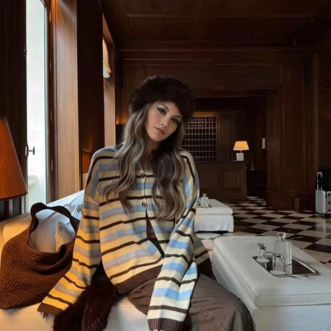 Women Vintage Striped Knitted Cardigan Sweater Round Neck Single Breasted Loose Long Sleeve Knitwear Multicolor Top