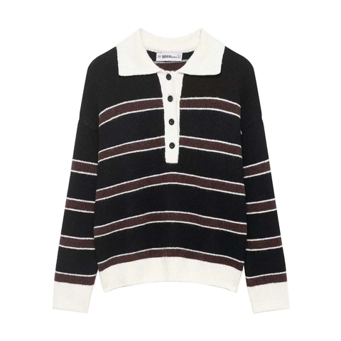 Women Retro Striped Polo Collar Knit Sweater Autumn Winter Loose Pullover Long Sleeve Contrast Color Knitwear Casual Top