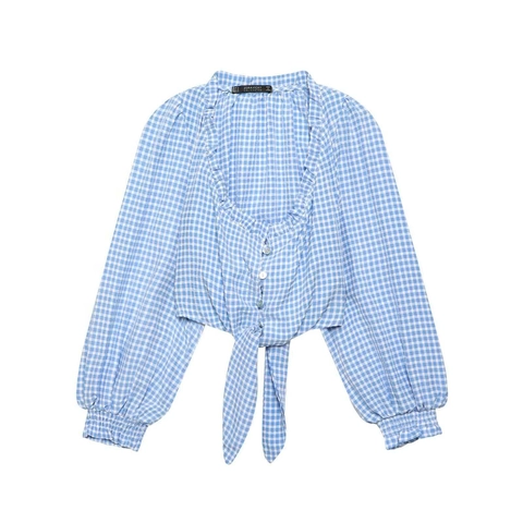 Damen Gingham Rüschen Bluse Langarm Puffärmel V-Ausschnitt Bindeknoten Crop Top Blau Weiß Karos Shirt Elegant Casual Top