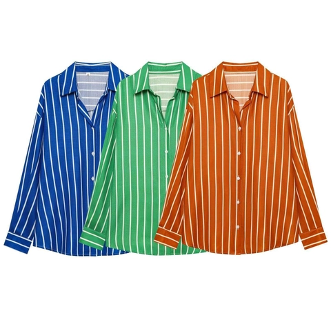 Camicia da Donna Casual a Righe Verticali a Maniche Lunghe Elegante Colletto a Revers Abbottonata Camicetta Top Vestibilità Regolare