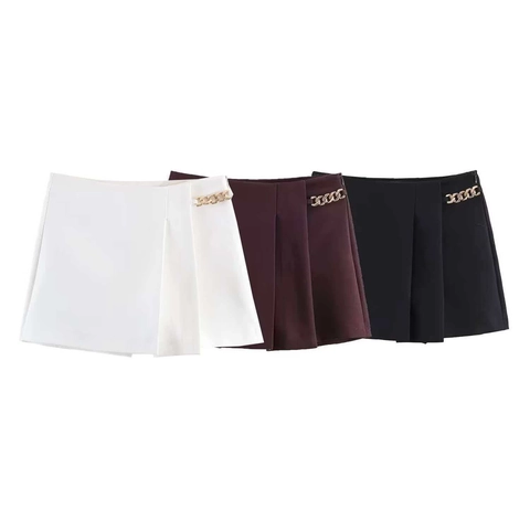 Short Taille Haute pour Femme Avec Chaîne en Métal Doré Plissé Ligne A Décontracté Été Short-Jupe pour Bureau Quotidien Mode