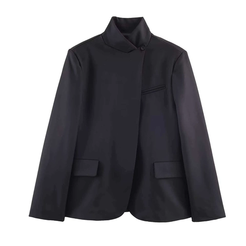 Conjunto de Mujer de Oficina con Americana Negra de Cuello Mao y Pantalones de Pernera Ancha Color Sólido Poliéster Casual Elegante Dos Piezas