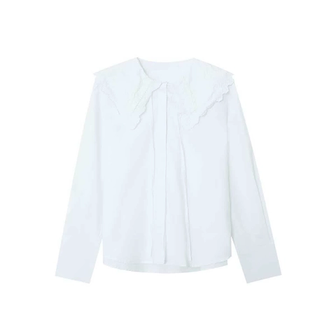 Blusa para Mujer Cuello Peter Pan Poliéster Manga Larga Color Sólido Bordado Encaje Camisa Suelta Elegante Oficina Top
