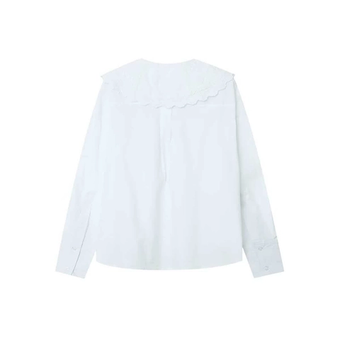 Blusa para Mujer Cuello Peter Pan Poliéster Manga Larga Color Sólido Bordado Encaje Camisa Suelta Elegante Oficina Top