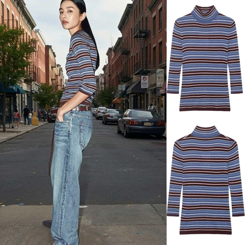 Damen Vintage Gestreifter Strickpullover Stehkragen Slim Fit Langarm Mehrfarbig Colorblock Pullover Herbst Mode Strickwaren