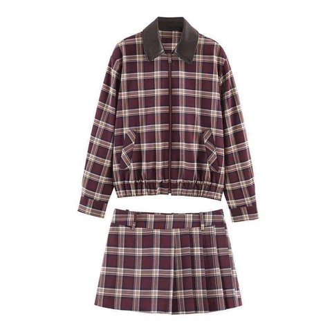 Damen Vintage Karierte Jacke Und Plissee Mini Skort Kontrast Kunstleder Kragen Langarm Reißverschluss Bomberjacke Outfit