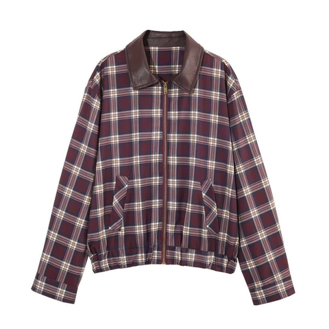 Damen Vintage Karierte Jacke Und Plissee Mini Skort Kontrast Kunstleder Kragen Langarm Reißverschluss Bomberjacke Outfit
