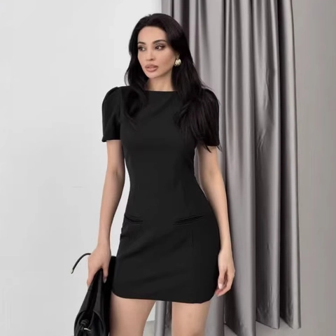 Women Elegant French Style Mini Dress Puff Sleeve Round Neck With Pockets Slim Fit Polyester Short Dress