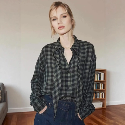 Damen Casual Kariert Schluppenbluse Stehkragen Langarm Bluse Locker Geschnitten Knopfleiste Hemd Für Frühling Herbst