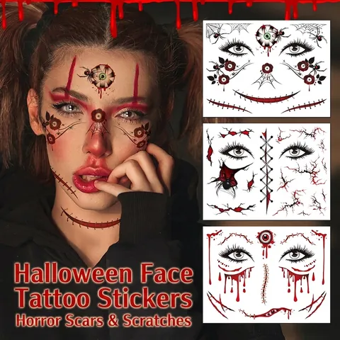 Halloween Temporäre Gesicht Tattoo Aufkleber Realistische Narben Wunden Tag Der Toten Totenkopf Makeup Wasserdicht Cosplay
