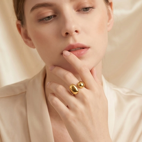 Geometric Open Ring Stainless Steel 18K Gold Plated Adjustable Asymmetric Ball Square Minimalist High Polished Jewelry