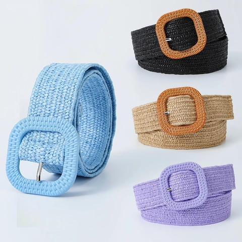Women's Bohemian Straw Woven Belt With Square Buckle Elastic Waist Cinch Belt For Dress Vacation Casual Fashion Accessories