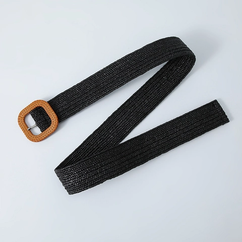 Women's Bohemian Straw Woven Belt With Square Buckle Elastic Waist Cinch Belt For Dress Vacation Casual Fashion Accessories