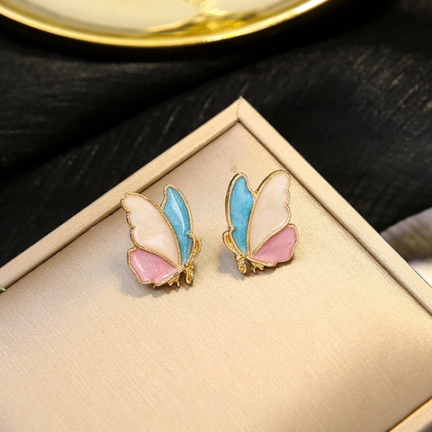 Boucles d'Oreilles Clous Papillon Multicolore Avec Tige en Argent Sterling 925 Alliage Émail Style Coréen Bijoux Femme