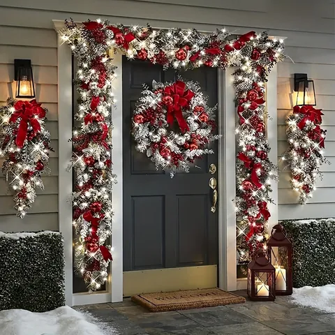 Guirnalda de Navidad de PVC Nevada Lazo de Tela Piñas Para Puerta Pared Decoración Navideña
