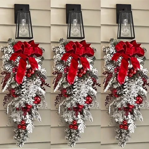 Flocked PVC Christmas Wreath Garland Fabric Bow Pine Cones For Front Door Home Wall Xmas Decoration