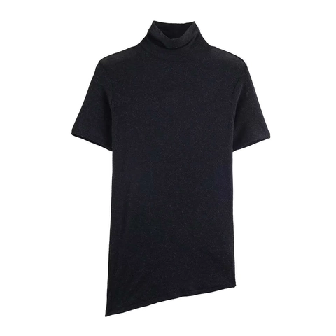 Women T-Shirt Turtle Neck Knitted Polyester Asymmetric Hem Short Sleeve Solid Color Slim Fit Casual Mock Neck Top