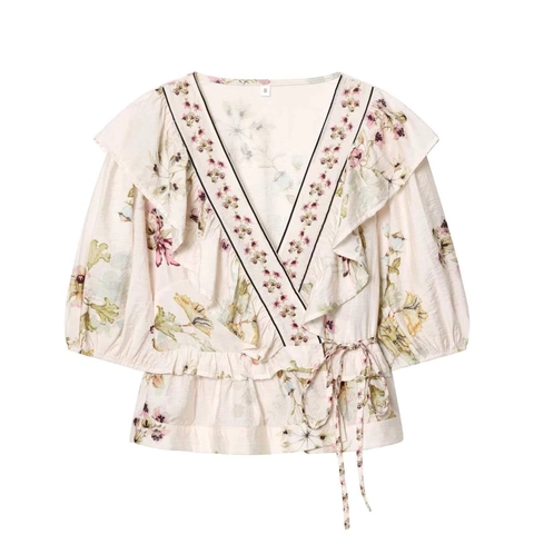 Blouse Cache-Coeur Décontractée pour Femmes Imprimé Floral Col en V avec Volants Manches Bouffantes Haut Élégant d'Été