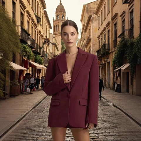 Chaqueta Blazer de Mujer Color Sólido Vino Tinto Solapa de Muesca Un Botón Largo Medio Manga Larga Poliéster Oficina