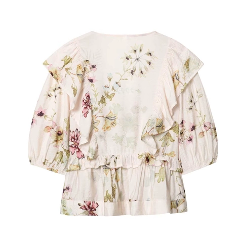 Blouse Cache-Coeur Décontractée pour Femmes Imprimé Floral Col en V avec Volants Manches Bouffantes Haut Élégant d'Été