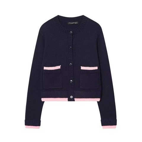 Women Casual Navy Blue Knit Cardigan Pink Contrast Piping Round Neck Long Sleeve Single Breasted Sweater Top