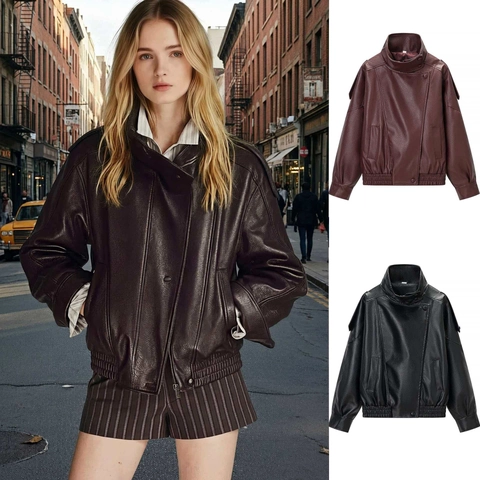 Women Vintage Faux Leather Bomber Jacket Loose Stand Collar Asymmetrical Zipper PU Leather Moto Jacket Long Sleeve Outerwear