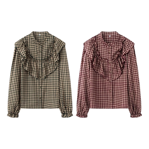 Blusa de Mujer Vintage a Cuadros Gingham Manga Larga con Volantes Cuello Mao Botonadura Sencilla Casual Top