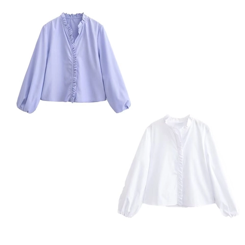 Chemisier Décontracté pour Femmes Col en V à Volants Manches Lanterne Rayé Top Uni en Poliestere Chemise de Printemps Élégante